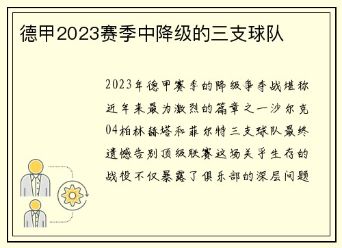 德甲2023赛季中降级的三支球队