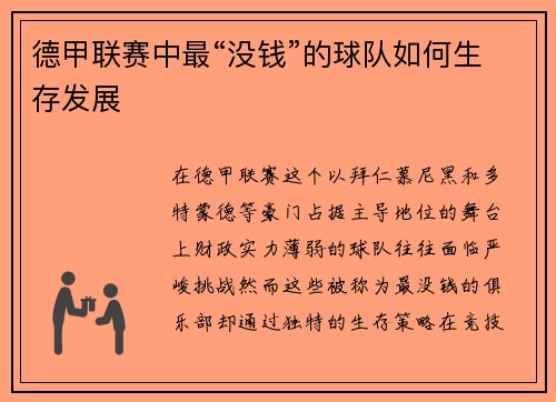 德甲联赛中最“没钱”的球队如何生存发展