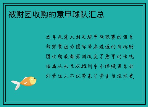 被财团收购的意甲球队汇总